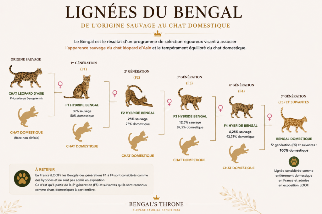 lignée bengal croisement origine hybride F1 F2 F3 F4 F5 domestique chat croisement bengal's throne